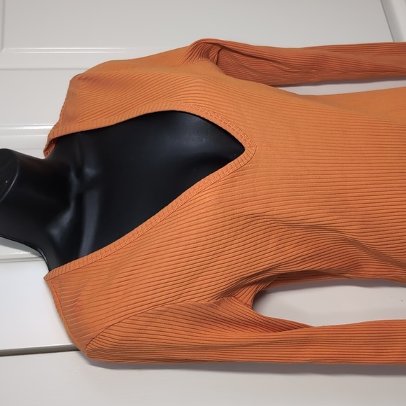 Aritzia Wilfred Free Orange Ribbed Long Sleeve Bodycon Mini dress Size Large - Picture 3 of 8